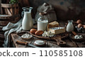 AI-generated content. Milk, eggs, sour cream, cottage cheese and cheese 110585108