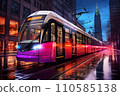 Train with neon lights on a blue sky background motion banners 110585138