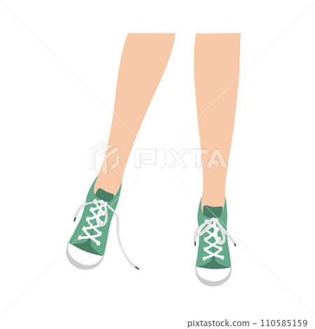 Woman legs in green sneakers with untied shoelaces. Vector illustration isolated on white background 110585159