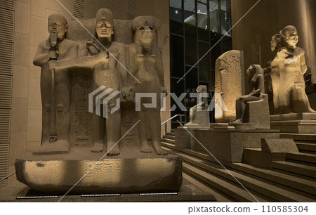 The Grand Egyptian Museum also known as the Giza Museum, is an archaeological museum  in Giza, Egypt, about 2 kilometers  from the Giza pyramid complex. Interior shot 110585304