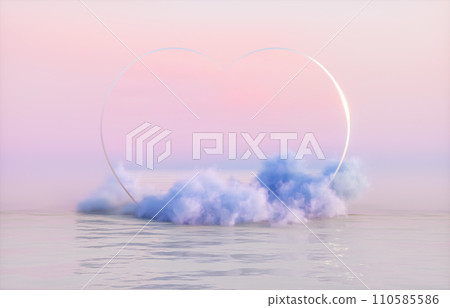 Natural beauty podium backdrop for product display with dreamy cloud and heart frame. Romantic 3d seascape scene. 110585586