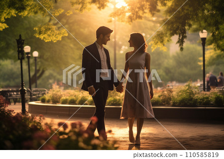 Young happy couple walking trough park and having conversation by Generative Ai. Young happy couple walking trough park and having conversation by Generative Ai. 110585819