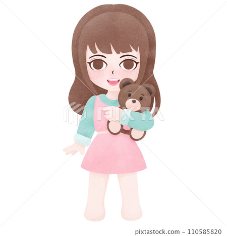 Girl holding and hugging teddy bear watercolor clip art 110585820
