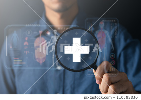 Magnifier and medical icon for medical healthcare check and health insurance concept Magnifier and medical icon for medical healthcare check and health insurance concept 110585830