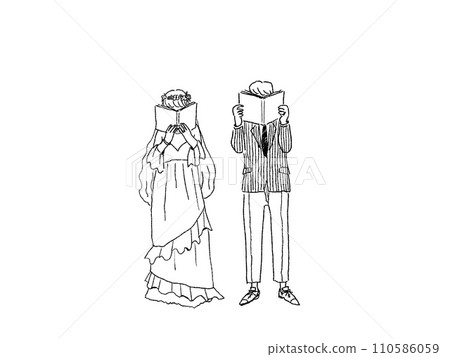 Young men and women reading books, couples, wedding A 110586059