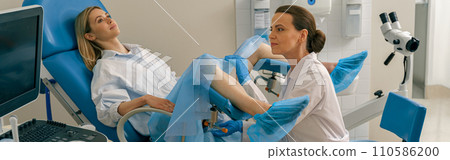 Young woman on appointment with her gynecologist during regular visit to women's consultation 110586200
