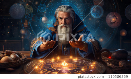 An elderly male astrologist sitting behind a table. Astrology concept. A man with a white beard looking into the future. Guy calculating the movement of the stars. Astrology foresight. 110586269