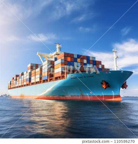 A big cargo ship full of containers traveling at sea on a calm and beautiful summer day. Massive shipment with industrial containers are transported safely through the ocean on a container ship 110586270