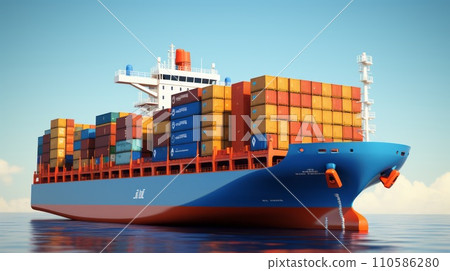 A big cargo ship full of containers traveling at sea on a calm and beautiful summer day. Massive shipment with industrial containers are transported safely through the ocean on a container ship 110586280