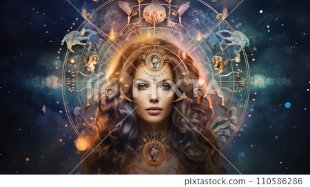 Fantasy render of a woman astrologist looking at the scheme and the stars. Creative astrology concept. Fantasy art of astrology symbols. portrait of a woman studying astrology. 110586286