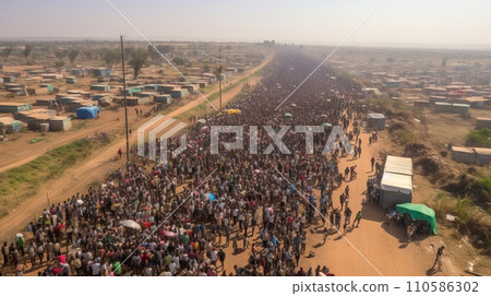 Drone shot of a Crowd of African immigrants crossing the border. Aerial shot of poor African refugees at the country border. Impoverished Africans escaping their country. Massive group of refugees. Drone shot of a Crowd of African immigrants crossing the border. Aerial shot of poor African refugees at the country border. Impoverished Africans escaping their country. Massive group of refugees. 110586302