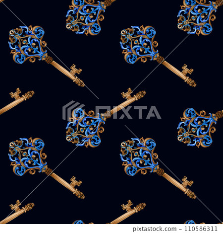 Watercolour seamless pattern antique keys on a dark background. Rusty iron key, vintage illustration.For your design fabrics, wrapping paper, stationery. 110586311