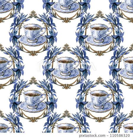 Watercolor vintage cups seamless pattern. Antique hand painted design elements. Perfect for wallpaper, gift wrap, textiles, surface design and backgrounds 110586320