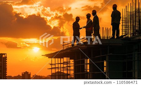 A construction team discussing blueprints at a construction site at sunrise, silhouetted against the dawn sky. 110586471