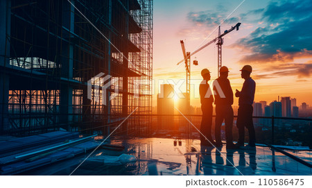A construction team discussing blueprints at a construction site at sunrise, silhouetted against the dawn sky. 110586475