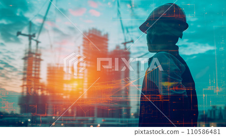 A construction team discussing blueprints at a construction site at sunrise, silhouetted against the dawn sky. 110586481