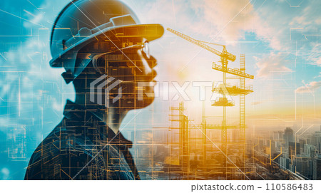 日出時分，施工隊在建築工地上討論藍圖，黎明的天空映襯著剪影。 110586483