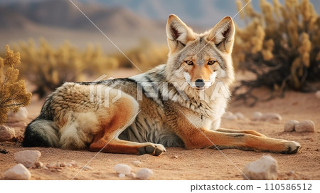 Coyote lying in the desert. Wildlife image of a coyote lying in the sun. Coyote in the wild looking at the camera. 110586512