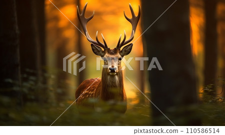 A deer standing in the forest and looking at the camera. Wildlife image of a deer with big horns standing in a foggy forest. Wildlife image of a beautiful deer in the woods looking forward. 110586514