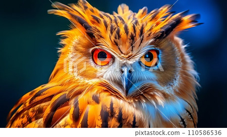 Closeup of an owl sitting on a tree branch looking at the camera. Wildlife image of a beautiful red owl sitting on a branch. Owl with orange white feathers sitting on a blurred background. 110586536