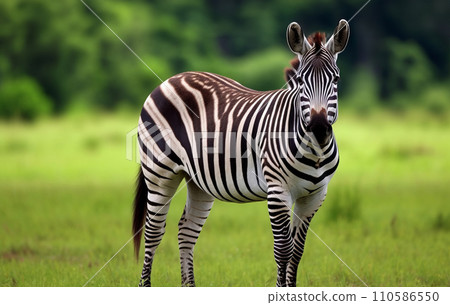 Image of a zebra in the savannah. Portrait of zebra in the wild. Wildlife image of a zebra standing in a green grassland. Image of a zebra in the savannah. Portrait of zebra in the wild. Wildlife image of a zebra standing in a green grassland. 110586550
