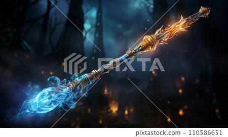 Magic wand 3d render. Closeup detailed art of a beautiful fictional magical wand. Fantasy artifact from myth and legends. Bright 3d render of a magic wand. 110586651