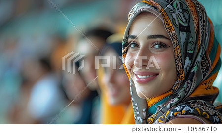 AI-generated content. Beautiful, young, calm Arabian woman in headscarf, with calm positive emotions sitting on crowdy tribune. 110586710
