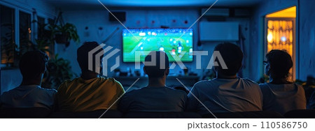 AI-generated content. Group of people, friends sitting on couch and watching football match translation online on TV in the evening. Sport fans cheering up team AI-generated content. Group of people, friends sitting on couch and watching football match translation online on TV in the evening. Sport fans cheering up team 110586750