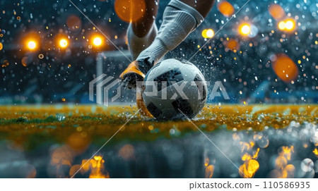 AI-generated content. Close up image of football player pass to a teammate during heavy rain and escape from competitors. Selective focus. Copy space. 110586935