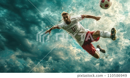 AI-generated content. Frozen movement. Portrait of competitive young man, soccer player passes ball to colleague in air against cloudy sky background. 110586949