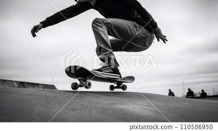 Black and white shot teenagers skating outside on a bright summer day. Young adults skating through the streets. Modern sports. Proffesional performing a dangerous trick. 110586950