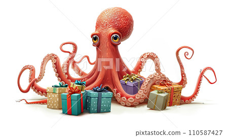 Octopus with gift boxes, swimming Octopus with gift boxes, swimming 110587427