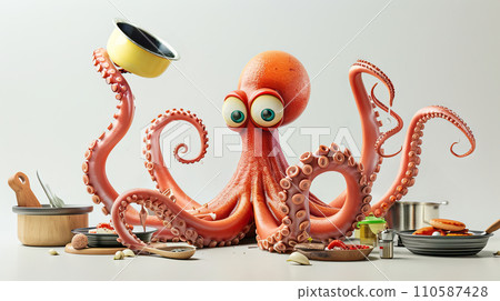 Funny octopus cartoon characters holding random kitchen ware Funny octopus cartoon characters holding random kitchen ware 110587428