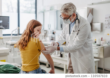 Doctor, pediatrician injecting vaccine into teenage girl arm. Concept of preventive health care for adolescents. 110587810
