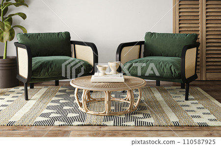 Boho chic living area with rattan coffee table and plush green armchairs on a geometric rug Boho chic living area with rattan coffee table and plush green armchairs on a geometric rug 110587925