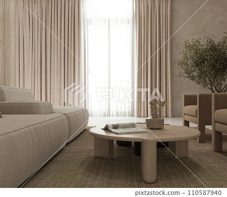 Luxurious living room with sheer curtains and a round coffee table, enhancing a tranquil atmosphere 110587940