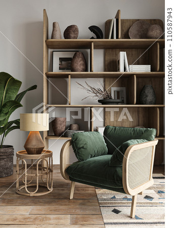 Cozy reading nook with a velvet green armchair and natural wood bookshelf filled with eclectic decor Cozy reading nook with a velvet green armchair and natural wood bookshelf filled with eclectic decor 110587943
