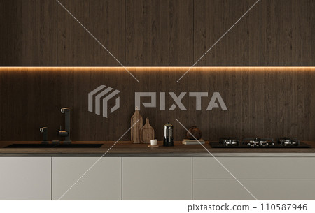 Sleek kitchen design with modern amenities and ambient lighting against a dark wood backdrop 110587946