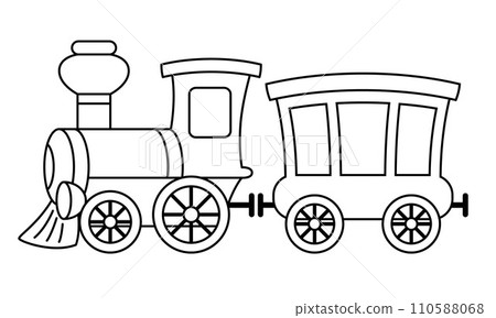 steam train - black and white cartoon vector illustration of steam locomotive and passenger railroad car 110588068