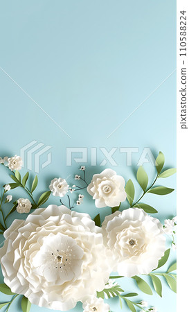 AI-generated content. Mother's day concept - vertical background for stories, white flowers in paper cradt style, solid color background 110588224