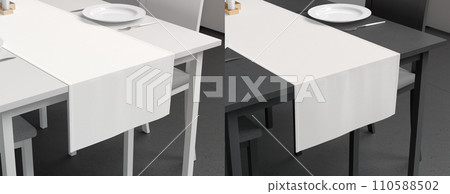 Blank white table runner and dishes mockup crop, interior background Blank white table runner and dishes mockup crop, interior background 110588502