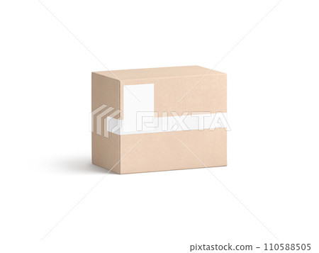 Blank white shipping label on craft box mockup, half-turned view Blank white shipping label on craft box mockup, half-turned view 110588505