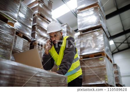 Warehouseman checking delivery, stock in warehouse on computer, pc. Warehouse manager using warehouse management software, app. 110589628