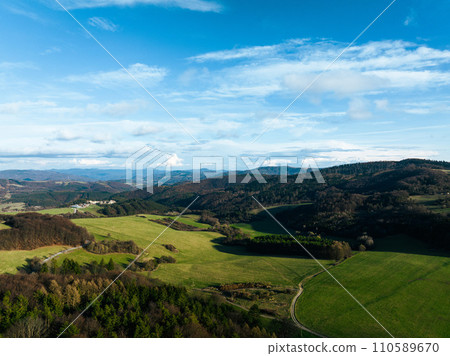 Aerial view of green summer farm fields, crops or pasture with road. Aerial view of green summer farm fields, crops or pasture with road. 110589670