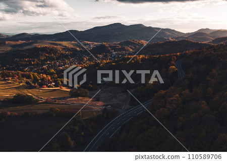 Aerial view of autumn forest with road in the middle of trees. 110589706