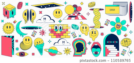 Psychedelic retro cartoon style vector illustration set Psychedelic retro cartoon style vector illustration set 110589765