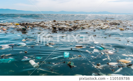AI-generated content. plastic garbage floating on ocean surface at daylight, neural network generated image 110589786