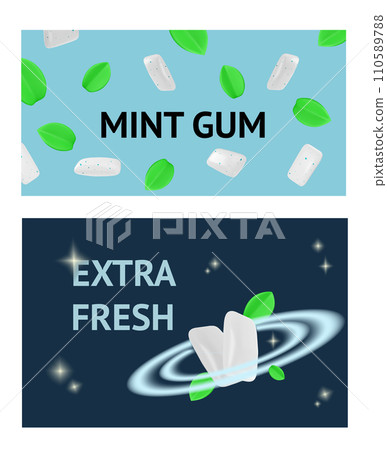 Mint chewing gum advertising, Extra fresh and mint gum 3D vector banners set, realistic pad, pills and mint leaves Mint chewing gum advertising, Extra fresh and mint gum 3D vector banners set, realistic pad, pills and mint leaves 110589788