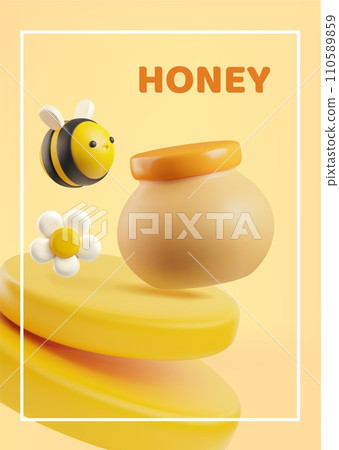 3D honey concept poster with bee, jar and flower. 3D honey concept poster with bee, jar and flower. 110589859