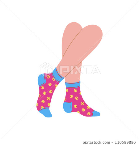 Female legs in ankle socks with funny design, flat vector illustration isolated. 110589880
